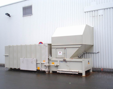 stacionarna, klipna preša s kontejnerom za sve vrste sabijenog otpada, kontejneri 16–30 m³, prijevoz s rol kiperom
